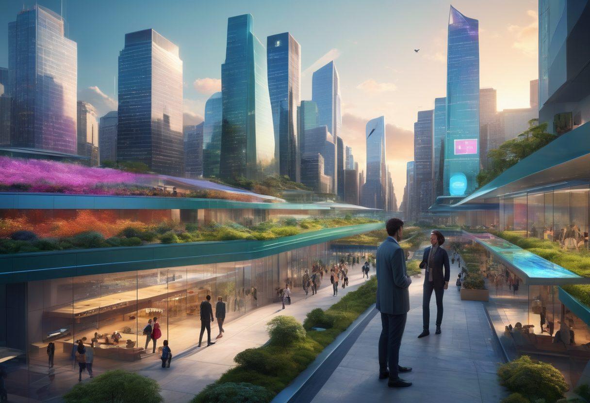 A futuristic cityscape with diverse people using smartphones to access insurance solutions. Include a digital interface displaying affordable insurance options holographically. The skyline features modern architecture with elements of sustainability, like green roofs and solar panels. Bright colors and an optimistic atmosphere suggesting innovation and accessibility. super-realistic. vibrant colors. 3D.