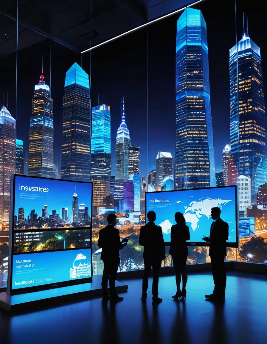 A futuristic digital landscape showcasing diverse individuals interacting with innovative insurance technology on sleek touchscreens. Include vibrant icons representing various insurance options and affordability, with a backdrop of a bustling city skyline. The scene should convey accessibility and empowerment in insurance solutions. super-realistic. vibrant colors. 3D.