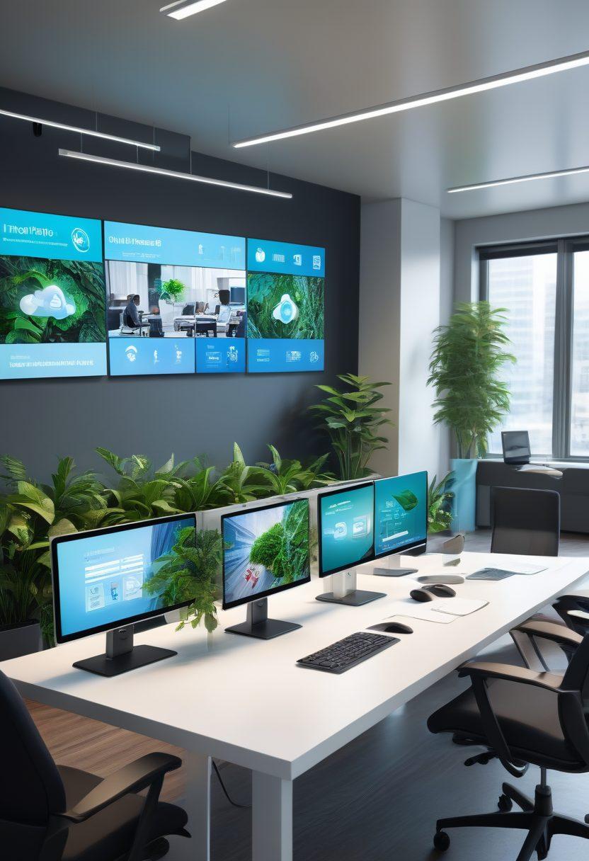 A modern office workspace with a diverse team collaborating over digital devices, showcasing an interactive insurance app on screens. Include floating holographic icons representing various insurance types like health, auto, and travel, conveying accessibility and ease. Bright and inviting atmosphere with ergonomic furniture and greenery for a refreshing touch. super-realistic. vibrant colors. 3D.
